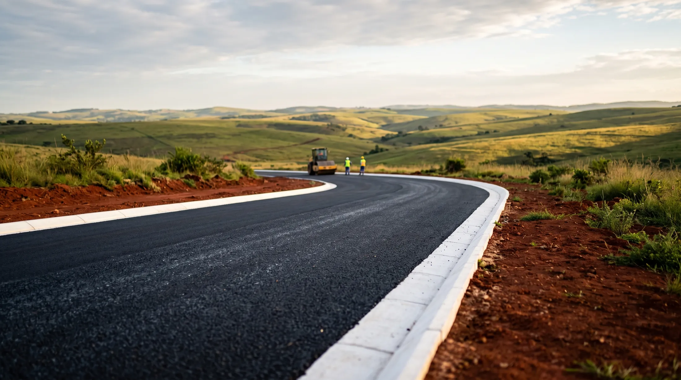 Freshly laid asphalt road with white kerbs curving through green hills